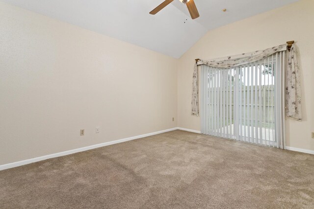 961 Green Mdw, Beaumont, TX 77706 - empty room featuring ceiling fan, carpet floors, vaulted ceiling, and baseboards