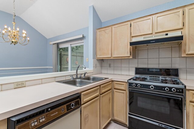 961 Green Mdw, Beaumont, TX 77706 - kitchen with light brown cabinets, white dishwasher, a sink, under cabinet range hood, and black gas range