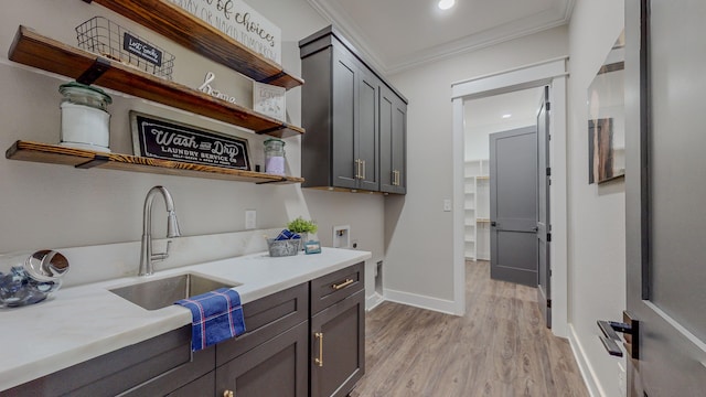 kitchen with sink, light hardwood / wood-style flooring, and ornamental molding