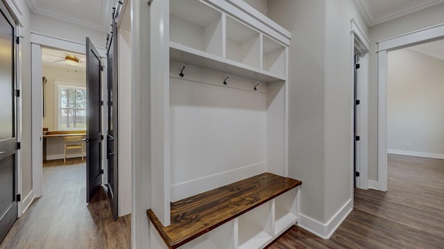 mudroom featuring ornamental molding, a barn door, and dark wood-type flooring