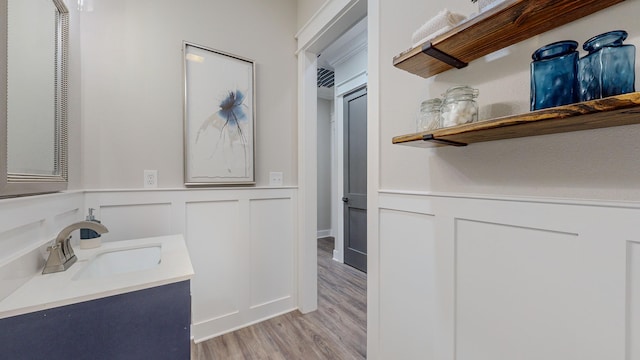 bathroom with hardwood / wood-style flooring and vanity