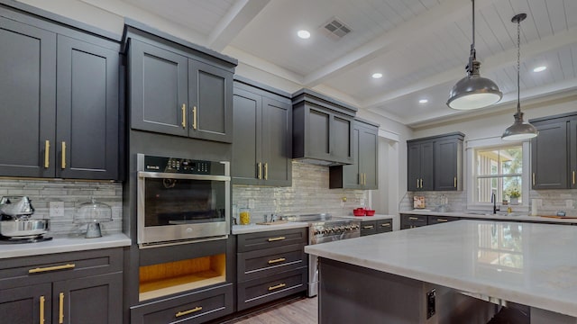 kitchen featuring appliances with stainless steel finishes, pendant lighting, sink, backsplash, and beam ceiling