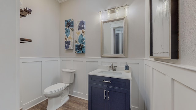 bathroom with vanity, toilet, and wood-type flooring