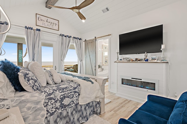 bedroom with access to outside, lofted ceiling with beams, ceiling fan, light hardwood / wood-style floors, and wood ceiling