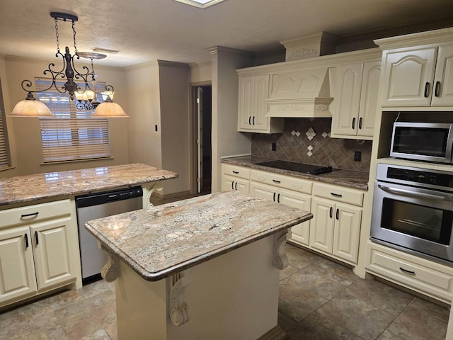 kitchen with a center island, tasteful backsplash, decorative light fixtures, appliances with stainless steel finishes, and custom exhaust hood