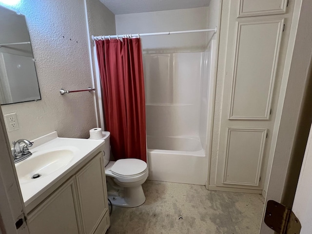 full bathroom with toilet, vanity, and shower / tub combo with curtain