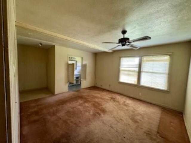 interior space featuring a ceiling fan, carpet flooring, and a textured ceiling