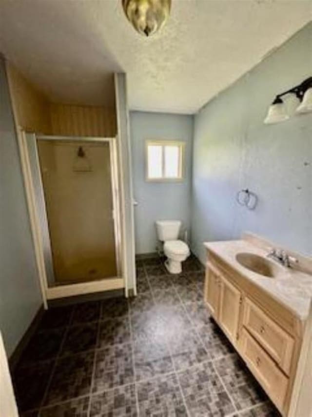 bathroom with vanity, a stall shower, and toilet