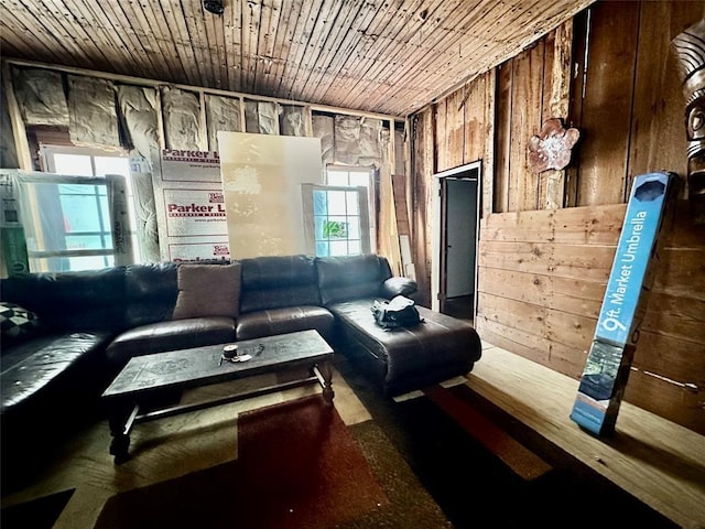 living room with wood ceiling and wooden walls