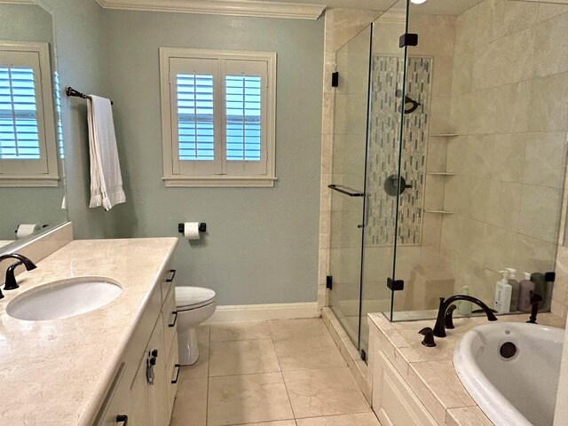 full bathroom with tile patterned flooring, vanity, separate shower and tub, and ornamental molding