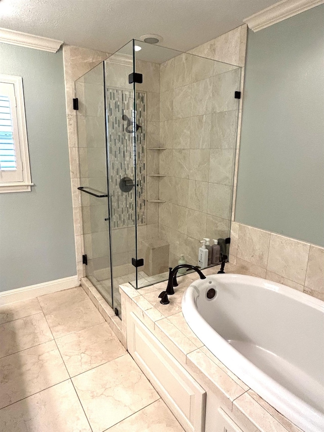 bathroom with crown molding, plus walk in shower, and a textured ceiling