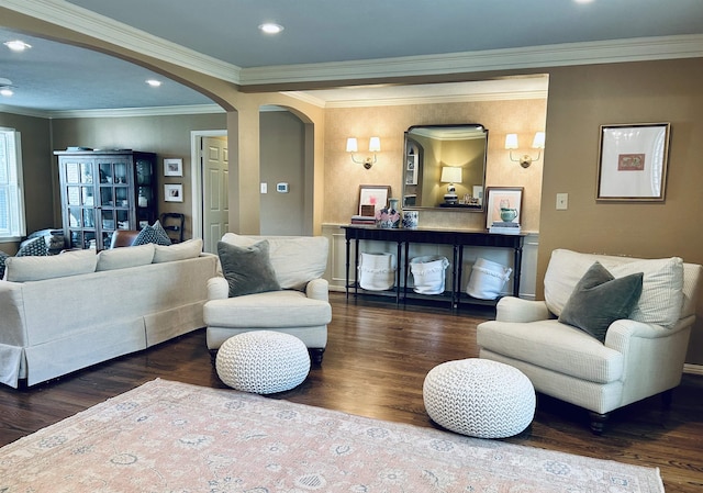 living room with dark hardwood / wood-style floors and ornamental molding