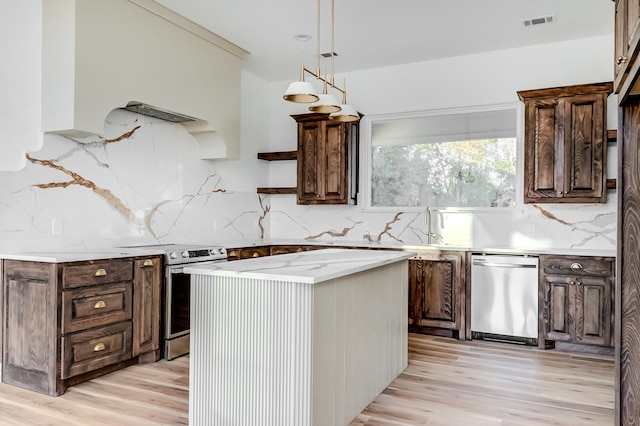 kitchen featuring light wood-type flooring, tasteful backsplash, stainless steel appliances, pendant lighting, and a center island