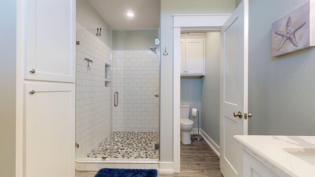 335 Atkinson, Crystal Beach, TX 77650 - full bathroom featuring a shower stall, wood finished floors, toilet, recessed lighting, and baseboards