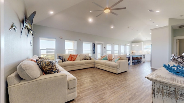 335 Atkinson, Crystal Beach, TX 77650 - living area featuring a ceiling fan, light wood finished floors, recessed lighting, and high vaulted ceiling