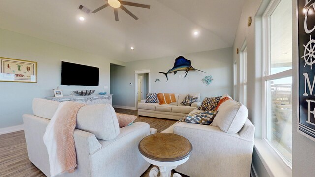 335 Atkinson, Crystal Beach, TX 77650 - living area with a ceiling fan, wood finished floors, baseboards, recessed lighting, and lofted ceiling
