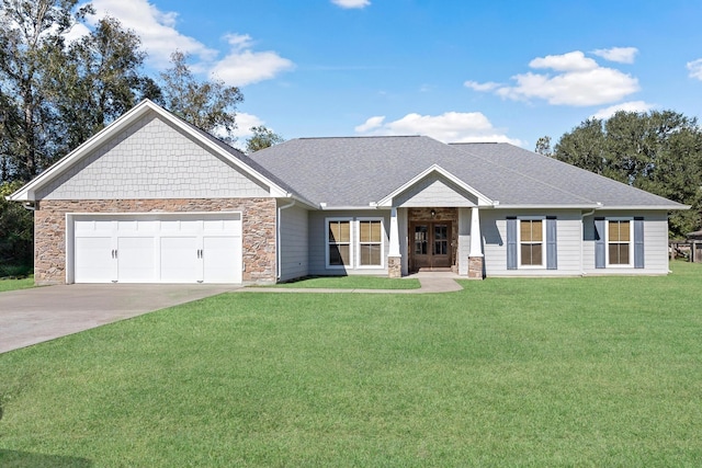 craftsman inspired home featuring a garage, french doors, and a front lawn