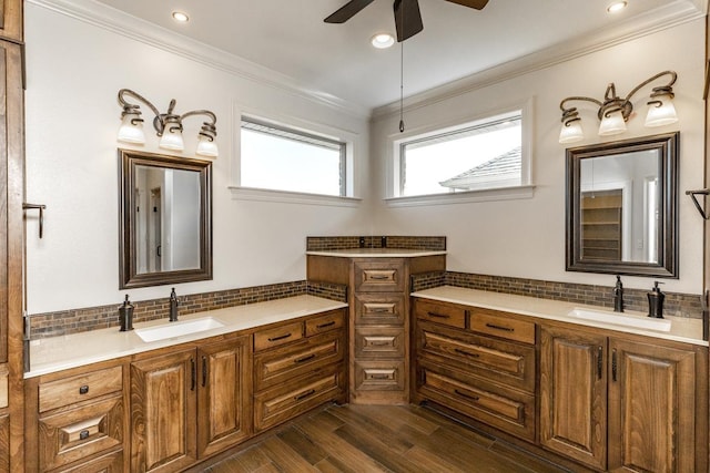 bathroom with hardwood / wood-style flooring, ornamental molding, decorative backsplash, and vanity