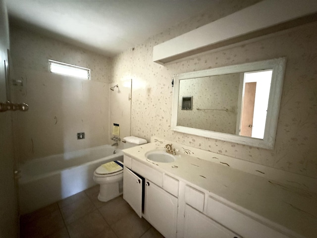 bathroom featuring wallpapered walls, tile patterned flooring, shower / washtub combination, toilet, and vanity