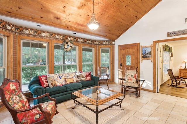 living room with high vaulted ceiling, light tile patterned floors, and wood ceiling