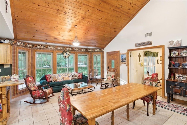 dining space with light tile patterned flooring, wood ceiling, and high vaulted ceiling