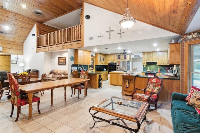 living room featuring sink, high vaulted ceiling, wooden ceiling, and light tile patterned floors