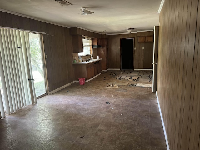 kitchen with wood walls