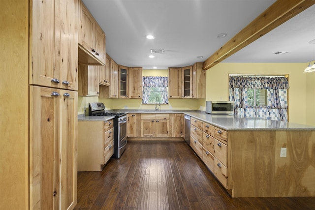 3042 Parish Cemetery Rd, Little Cypress, TX 77632 - kitchen featuring appliances with stainless steel finishes, a peninsula, dark wood-type flooring, glass insert cabinets, and recessed lighting