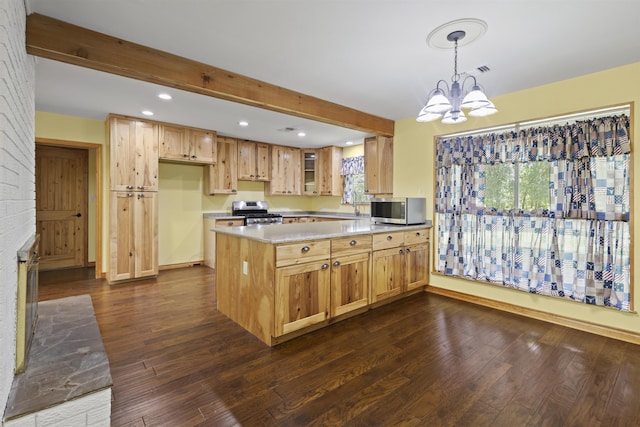 3042 Parish Cemetery Rd, Little Cypress, TX 77632 - kitchen featuring appliances with stainless steel finishes, a peninsula, a chandelier, dark wood finished floors, and recessed lighting