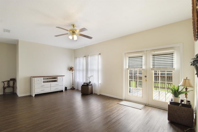465 Lytton Dr, Vidor, TX 77662 - living room with a ceiling fan, dark wood-style floors, and french doors