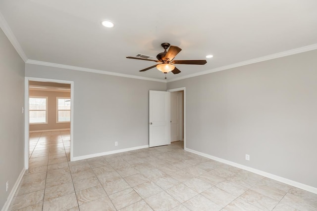 spare room with visible vents, baseboards, ornamental molding, recessed lighting, and a ceiling fan