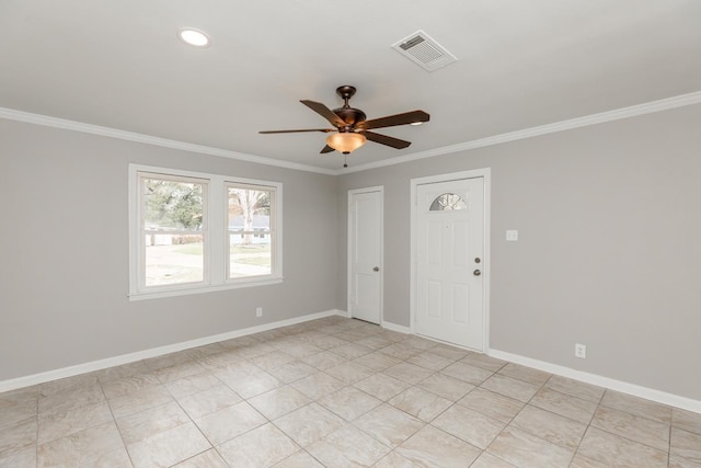 spare room with visible vents, baseboards, ornamental molding, recessed lighting, and a ceiling fan