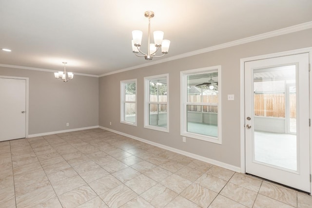 interior space featuring a notable chandelier, baseboards, and ornamental molding