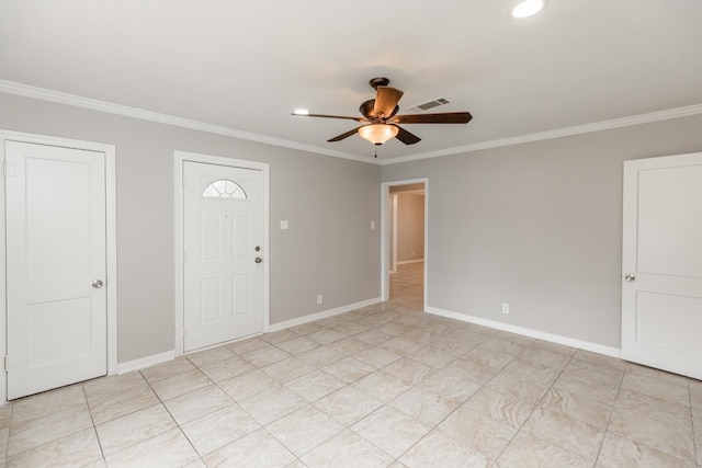 entrance foyer featuring visible vents, ceiling fan, crown molding, and baseboards