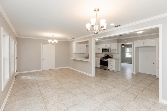 interior space featuring visible vents, crown molding, and baseboards