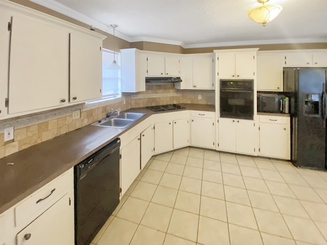 kitchen with white cabinetry, sink, ornamental molding, and black appliances