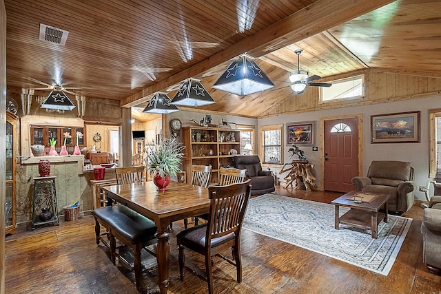 dining area with ceiling fan, lofted ceiling with beams, wood-type flooring, and wooden ceiling