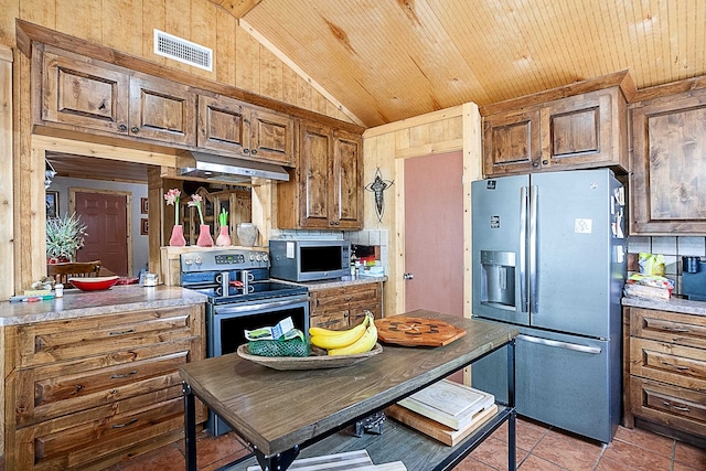 kitchen featuring lofted ceiling, backsplash, wooden ceiling, light tile patterned floors, and appliances with stainless steel finishes