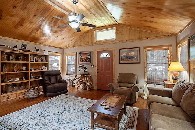 living room with hardwood / wood-style flooring, ceiling fan, a healthy amount of sunlight, and wood ceiling