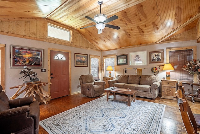 living room featuring high vaulted ceiling, ceiling fan, wood-type flooring, and wood ceiling