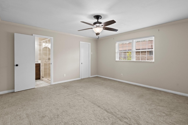 2040 Chevy Chase Ln, Beaumont, TX 77706 - unfurnished bedroom with carpet, ornamental molding, baseboards, ensuite bathroom, and ceiling fan
