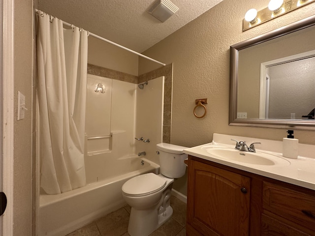 full bathroom with shower / bath combo, tile patterned flooring, a textured ceiling, toilet, and vanity