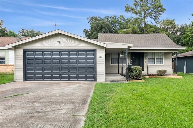 single story home with a front yard and a garage