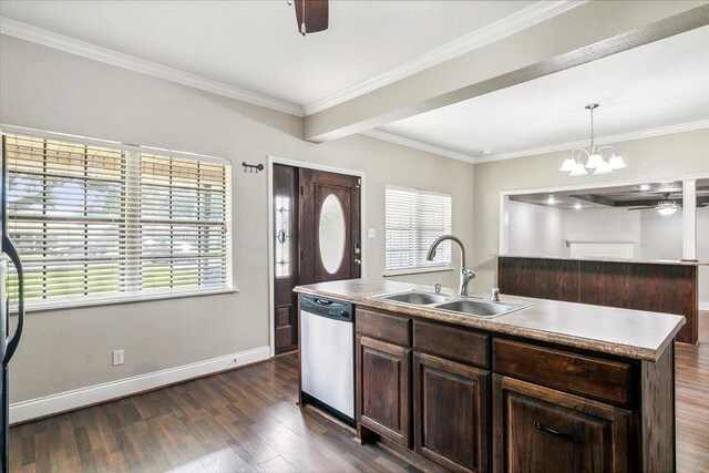 kitchen featuring sink, an island with sink, stainless steel dishwasher, and plenty of natural light