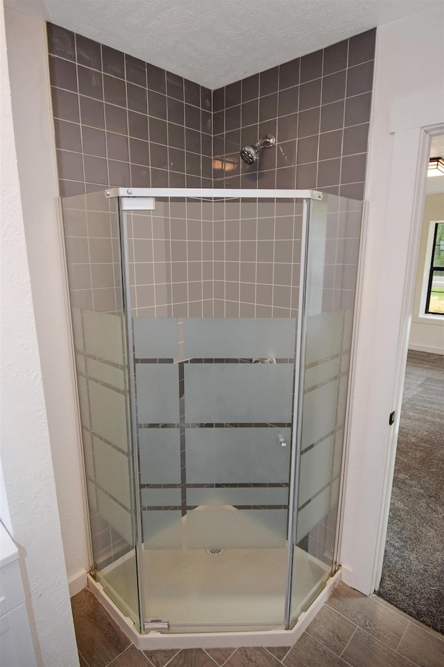 bathroom featuring a shower with shower door