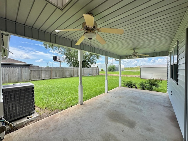 view of patio with ceiling fan and cooling unit