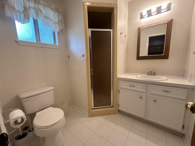 full bath featuring vanity, toilet, and a stall shower