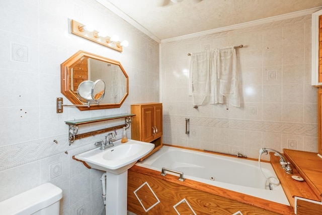 bathroom featuring a tub, sink, toilet, tile walls, and ornamental molding