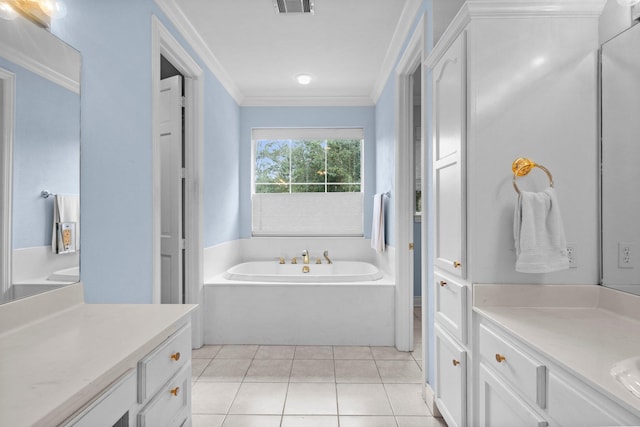 27076 Interstate 10, Winnie, TX 77665 - bathroom with vanity, a garden tub, crown molding, and tile patterned floors