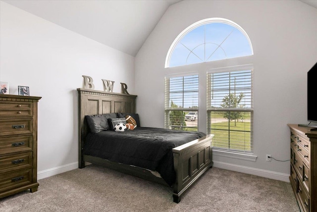 bedroom with multiple windows, baseboards, and light carpet